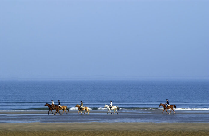 Langsam auf den Sonnenuntergang zu: Reiten an der Waterkant auf Langeoog. @ Tourismus Service Langeoog